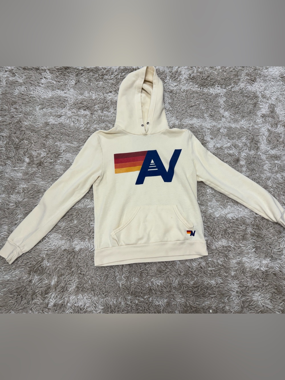 Aviator Nation Cream Hoodie with Navy Logo and Sunset Stripe